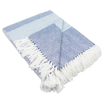 DII 60x50" Cotton Stripe Herringbone Throw with Decorative Fringe in Blue