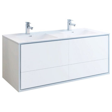 Fresca Catania 60" Integrated Double Sinks Wood Bathroom Cabinet in Glossy White