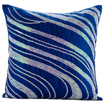 Sequins Swirls 18x18 Art Silk Royal Blue Decorative Pillows Cover, Royal Formal