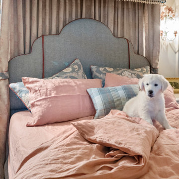 New England farmhouse master bedroom and bath