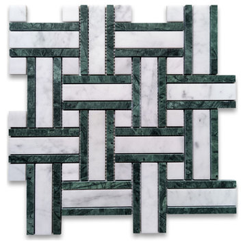 Carrara White Marble Twine Basketweave Mosaic Tile Indian Green Honed, 1 sheet