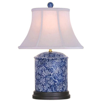 Blue and White Porcelain Round Vase Plum Tree Table Lamp 18"