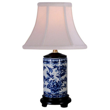 Blue and White Porcelain Bird Motif Porcelain Vase Table Lamp 15"