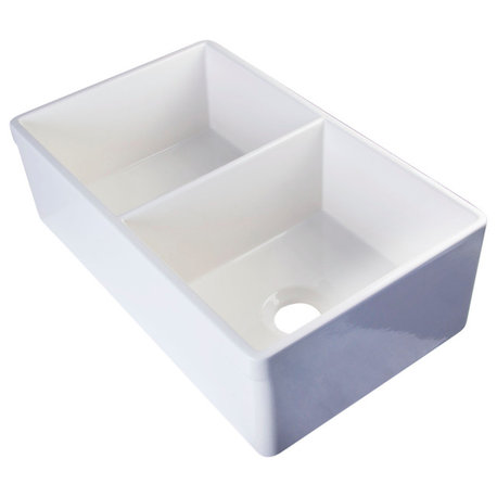 Biscuit 32" Decorative Lip Double Bowl Fireclay Farmhouse Kitchen Sink, White