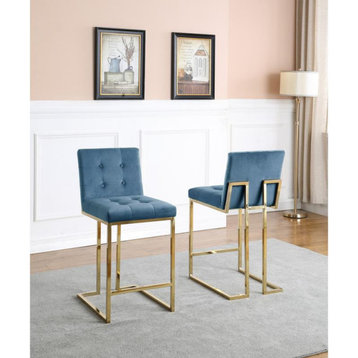 Counter Height Chairs in Teal Blue Velvet and Gold Chrome Legs (Set of 2)
