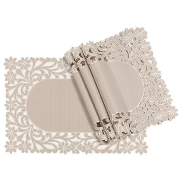 Florence Floral Cutwork Trimed Edge Placemats, Taupe, 14"x 20", Set of 4