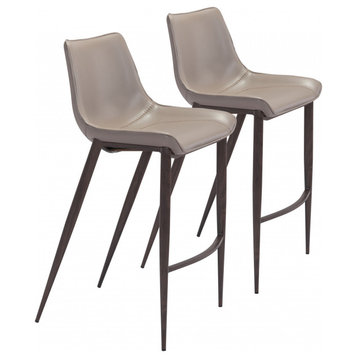 Gray Faux Leather and Dark Brown Steel Modern Stitch Bucket Bar Chairs