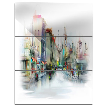 "Illustration of City Street" Glossy Metal Wall Art, 3 Panels, 28"x36"