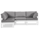 Meridian Furniture - Nizuc Water Resistant Patio L-Shaped Modular Sectional, Gray, 4-Piece: 2 Armless Chair, 2 Corner Chair, White Aluminum Frame - Pick and choose your favorites from the Nizuc collection to create a modular seating group the whole gang will enjoy. The sturdy aluminum frame provides dependable support for friends and family as they relax and unwind, and the resilient grey water resistant fabric stands up to the elements without losing its beautiful demeanor, so you can count on it lasting for the long haul. Latches beneath these seating pieces help you easily attach them to one another for convenient setup.