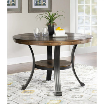 Rustic Dining Table, Metal Legs With Round Top & Lower Open Shelf, Rustic Umber