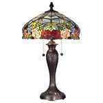 Dale Tiffany - Dale Tiffany Zenia Rose Table Lamp - Tiffany’s love of nature once again shines through in our Zenia Rose table lamp. A bevy of abundant roses in shades of red, lavender, pink and yellow, nestled amidst lush greenery runs along the bottom edge of the shade. Just above, Tiffany’s trademark dragonflies cavort about against a blue-green sky. Vivid blue and crimson art glass jewels are interspersed throughout the design, which adds an extra dimension of color and texture. The metal base, finished in rich fieldstone, is reeded and cast with fleur de lis detail. Zenia Rose’s natural beauty will bring grace and charm to any room in your home or office.