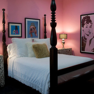 Design ideas for a modern master bedroom in Kansas City with pink walls.