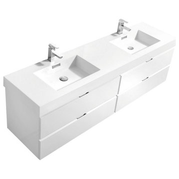 Bliss 80" Double Sink High Gloss White Wall Mount Modern Bathroom Vanity