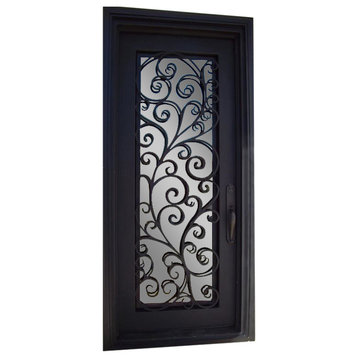 Tuscany Iron Door, 42"x96", Square Top, Sandblast Glass, Right Hand Inswing