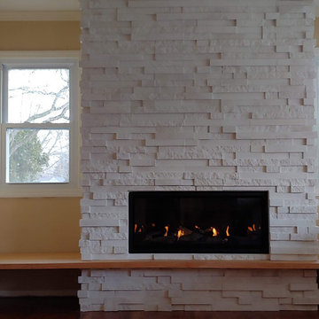 From Scratch Full Stone Wall Linear Gas Fireplace with Bench