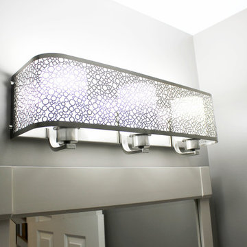 Gray Powder Room with White Vanity and Crystal Palace Quartz Countertop