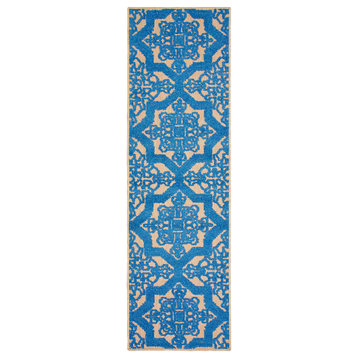 Costa Ornate Floral Medallions Sand and Blue Indoor/Outdoor Area Rug, 2'3"x7'6"