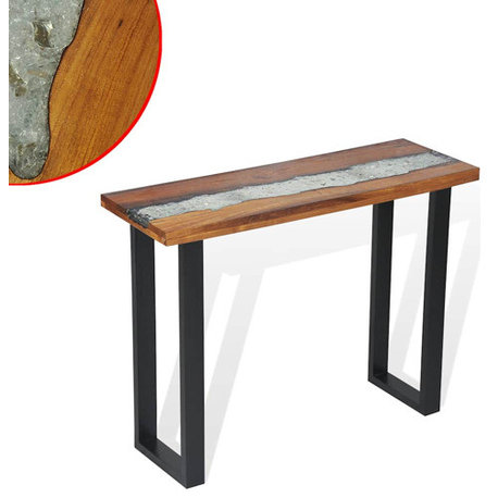 vidaXL Console Table with Glass and Resin Inlay 39.4''x13.8''x29.5'' Teak Wood