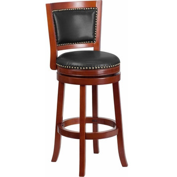 30" High Dark Cherry Wood Barstool With Walnut Leather Swivel Seat