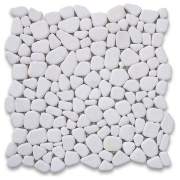 Tumbled Thassos White Marble Pebble Stone Non Slip Shower Floor Tile, 1 sheet