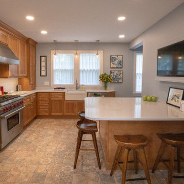 Transitional Warm Wood Farmhouse Kitchen Remodel | Quartz Countertops & Modern L