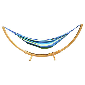 Brazilian Style Double Hammock With Bamboo Stand, Blue & Green Stripes