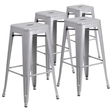 30" High Backless Silver Indoor/Outdoor Barstools With Square Seat, Set of 4