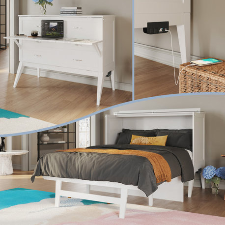 Northampton Full Wood Murphy Bed Desk with Mattress & Built-in Charger in White