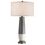 Currey & Company - Urbino Table Lamp - The Urbino Table Lamp has a terracotta body with a classic gray and white color scheme. Separating the dark from the light is a thin band of metal in a Pyrite bronze finish. A crackle white finish and lightly distressed metal add patina to the dark gray lamp fitted with a natural linen shade.