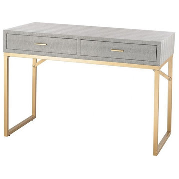 2-Drawer Art Deco Faux Shagreen Vintage Desk in Grey Finish Golden Sled Legs 42