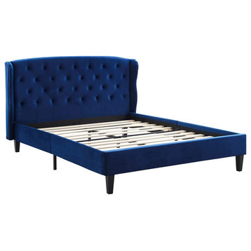 Queen Platform Bed, Slatted Support & Button Tufted Wing Headboard, Navy