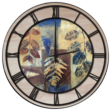 Wall Clock With Woodgrain Accent, Leaves, Blue, Black Numbers, 24"x24"