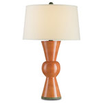 Currey and Company - Mid-Century Modern Upbeat Table Lamp Orange 1-Light - A beautifully symmetrical piece that provides a vibrant splash of color  the Upbeat Table Lamp in Orange is a versatile and stylish piece. An Off White Linen shade balances the terracotta construction of the body.