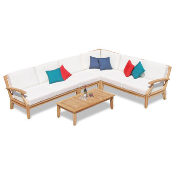5-Piece Sam Outdoor Teak Sectional Sofa Set & Sunbrella Cushions Dupione Bamboo
