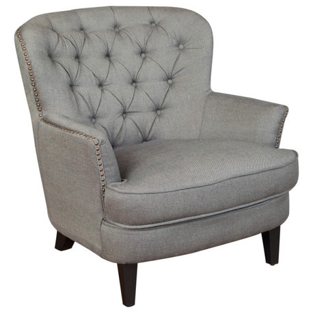 Brown Bonded Leather Accent Club Chair with Quilted Diamond Back Design, Grey Fabric