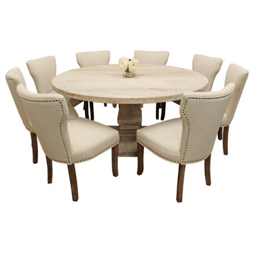 Benedict 9-Piece Dining Set, 70" Round Dining Table & 8 Ivory Linen Chairs