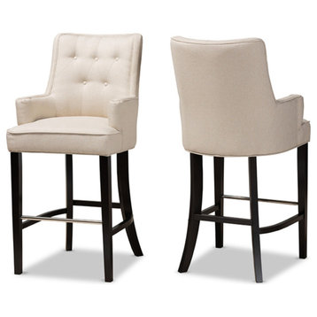 Light Beige Fabric Upholstered and Dark Brown Finished Wood Bar Stool Set of 2