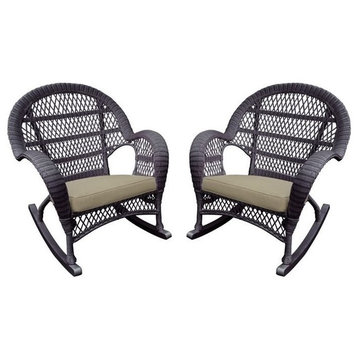 Jeco Wicker Rocker Chair in Espresso with Tan Cushion (Set of 2)
