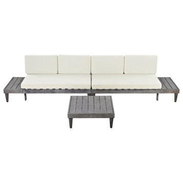 3 Pieces Outdoor Solid Wood Patio Sofa with Side Table and Cushions