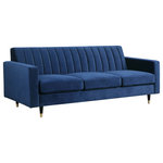 Meridian Furniture - Lola Velvet Upholstered Sofa, Navy - Cozy up to the comfort of this Lola Navy Velvet Sofa. Its rich color adds a jolt of excitement and fun to your space, shaking things up in a neutral-colored room. The back is channel tufted for a beautiful, contemporary look and to help the back cushioning maintain its welcoming loft. Elegant slant-tipped black legs with gold tips lend this sofa a charmingly modern finish and provide a sturdy foundation. Add it on its own, or add the matching loveseat and chair for a coordinated look.