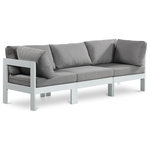 Meridian Furniture - Nizuc Water Resistant Patio Modular Straight Sofa, Gray, 3-Piece: 1 Armless Chair, 2 Corner Chair, White Aluminum Frame - Pick and choose your favorites from the Nizuc collection to create a modular seating group the whole gang will enjoy. The sturdy aluminum frame provides dependable support for friends and family as they relax and unwind, and the resilient grey water resistant fabric stands up to the elements without losing its beautiful demeanor, so you can count on it lasting for the long haul. Latches beneath these seating pieces help you easily attach them to one another for convenient setup.