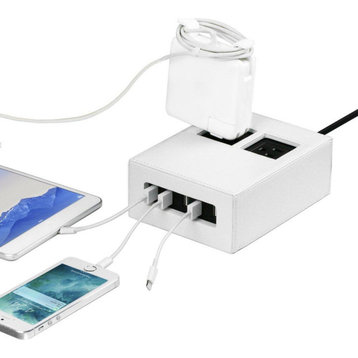 Power Hub 5 USB + 2 AC Charging Station, White Leatherette, No Short Cords