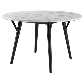 50" Dining Table, Round, White Black, Wood, Artificial Marble, Modern