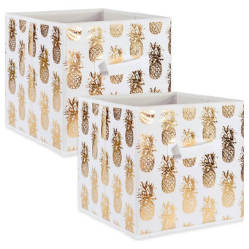 DII 11" Square Polyester Cube Pineapple Storage Bin in White/Gold (Set of 2)