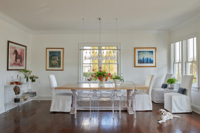 Inspiration for a transitional dark wood floor and brown floor dining room remodel in Other with white walls