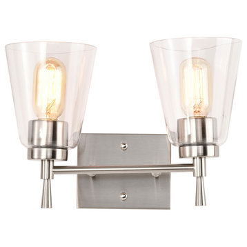 13 in. 2-Light Brushed Nickel Vanity Light With Clear Glass Cone Shades