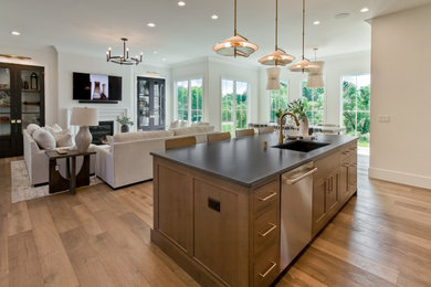 Transitional medium tone wood floor and brown floor open concept kitchen photo in Other with an undermount sink, recessed-panel cabinets, medium tone wood cabinets, soapstone countertops, stainless steel appliances, an island and black countertops