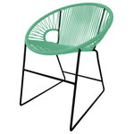Innit Designs - PuertoDiner, Mint on Black - The Puerto Sled Chair is designed for commercial  and residential spaces as a dining chair or side chair for both outdoors  and in.  With a similar design but a smaller footprint than our Concha  chair, the Puerto Sled fits into smaller spaces.  It has a generous  backrest and since it's a woven rather than a fully closed construction,  it keeps the aesthetic of the rest of your designed space feeling very  open.The Puerto Sled Chair is comfortable, many say surprisingly  comfortable, without a cushion and is made to last stylishly for years  with its durable powder coated steel frame and colorfast, UV-resistant  woven vinyl cord.  Also available in Chrome and copper plated /  rose-gold frame finishes - suitable for indoor use only.  Proudly  handmade in Toronto.
