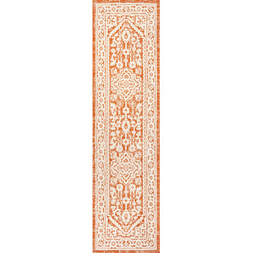 Sinjuri Medallion Textured Weave Indoor/Outdoor, Orange/Cream, 2x10