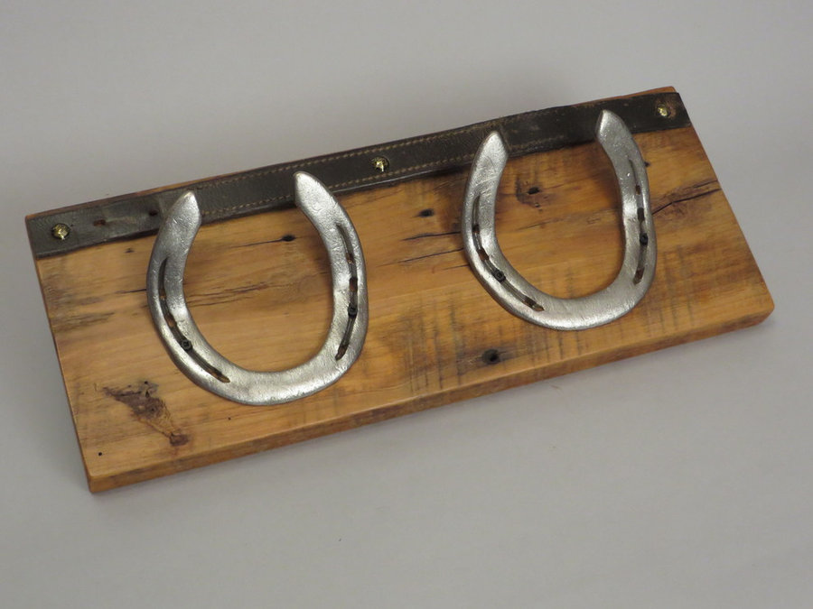 #R15050 Coat Rack Reclaimed Poplar, horseshoes, leather.
